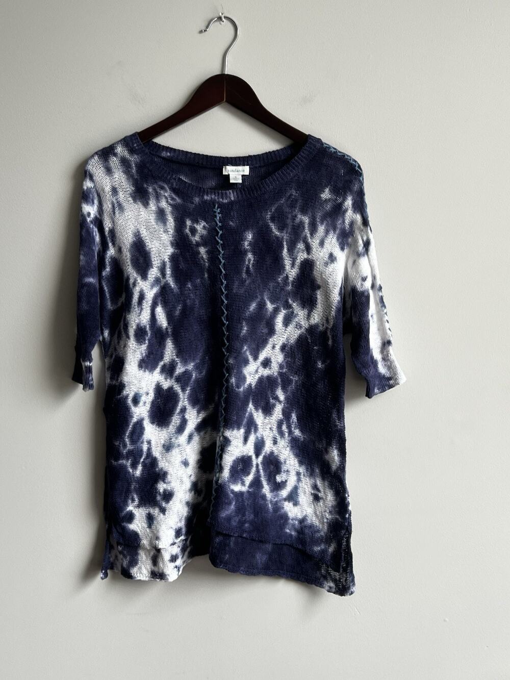 Sundance Sweater Blue White Tie Dye Blanket Stitch Boho 100% Cotton